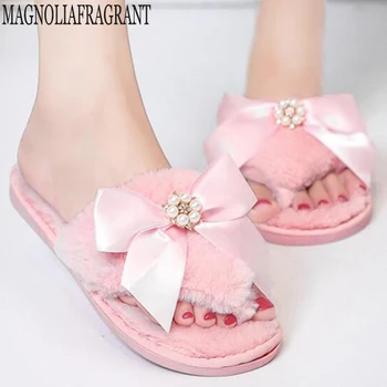 

Women's Bow Slippers Flat Bottom Non-Slip Home Warm Clip-Toe Cotton Flip Flops Women indoor Plush flip flops shoes woman y377
