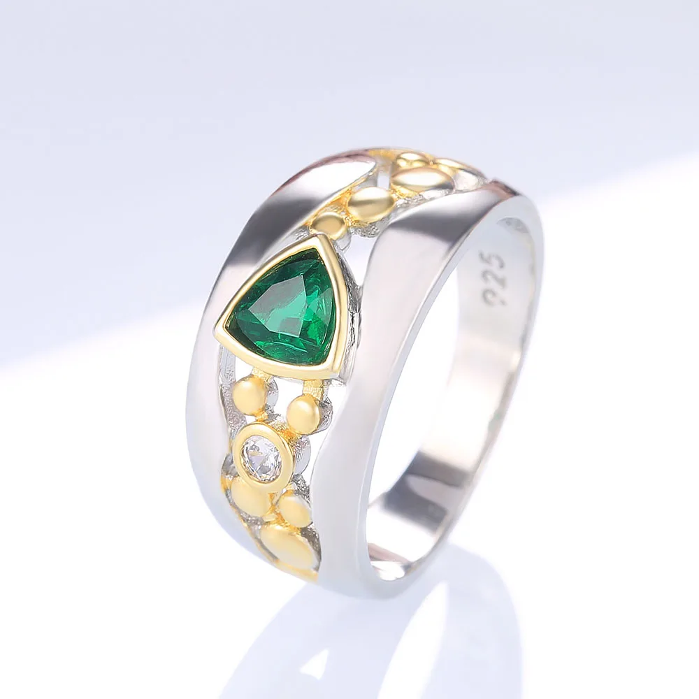 Huitan Vintage Hollow-out Band Ring Evening Dance Party Accessories Green Stone Graceful Two Tone Rings Jewelry for Mother Gift