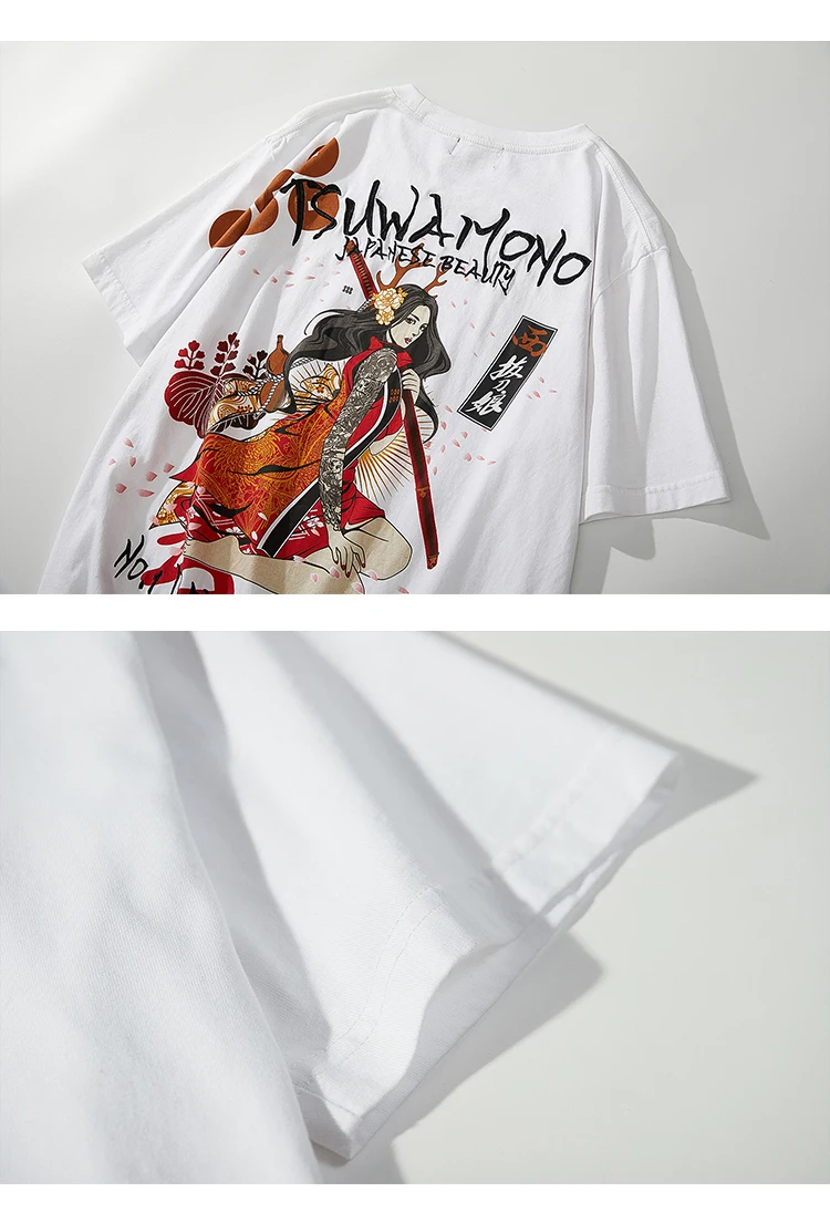 2021 new Japanese fashion brand embroidery ukiyo-e print beauty warrior sexy girl cotton short-sleeved T-shirt men's clothing • COLMADO