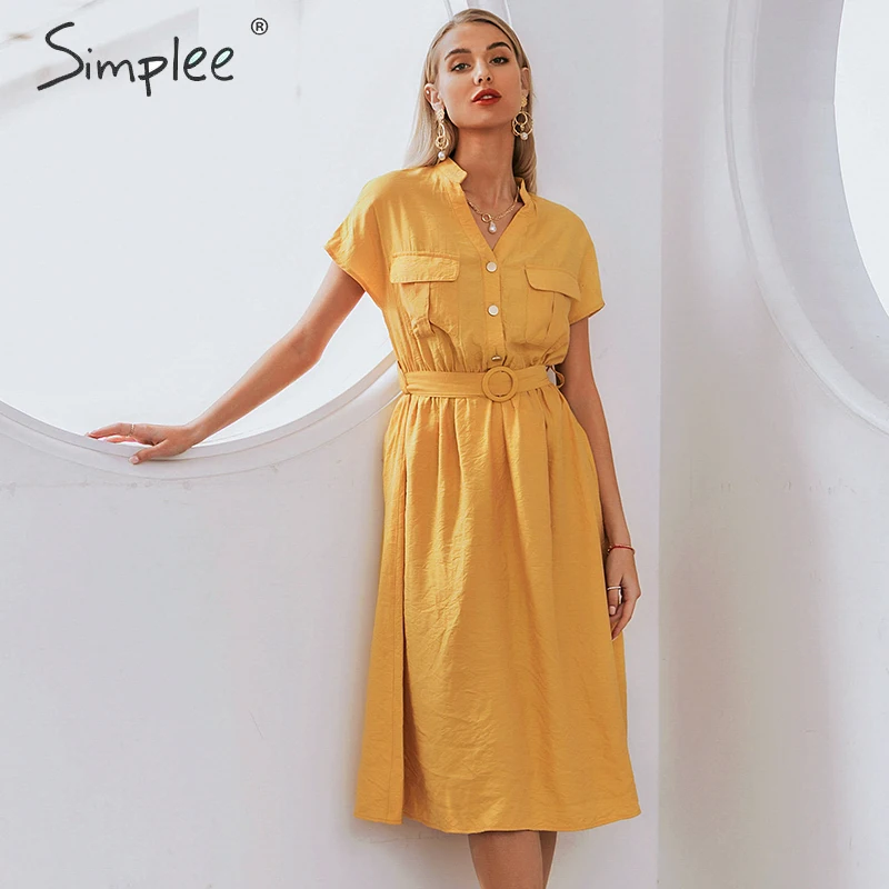 Simplee V-neck solid women dress Vintage elegant button belt midi summer dress Casual streetwear office ladies pockets dress Simplee V-neck solid women dress Vintage elegant button belt midi summer dress Casual streetwear office ladies pockets dress