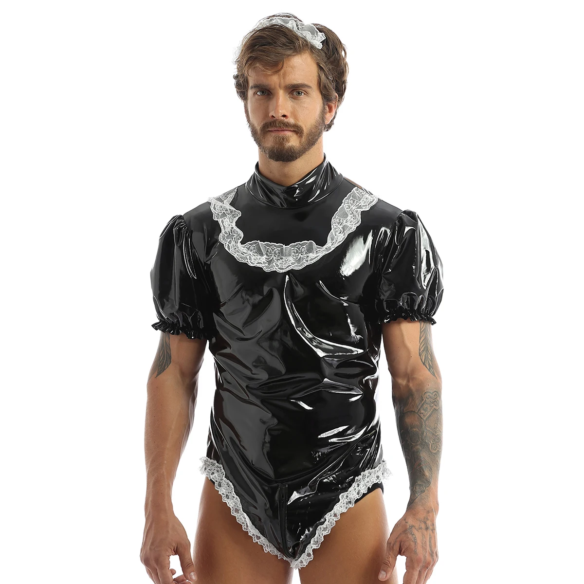 Gay Mens Maid Sissy Cosplay Costumes Crossdress Lingerie Wetlook Leather  Bodysuit Mens Nightwear Puff Sleeve Leotard Bodysuit - AliExpress