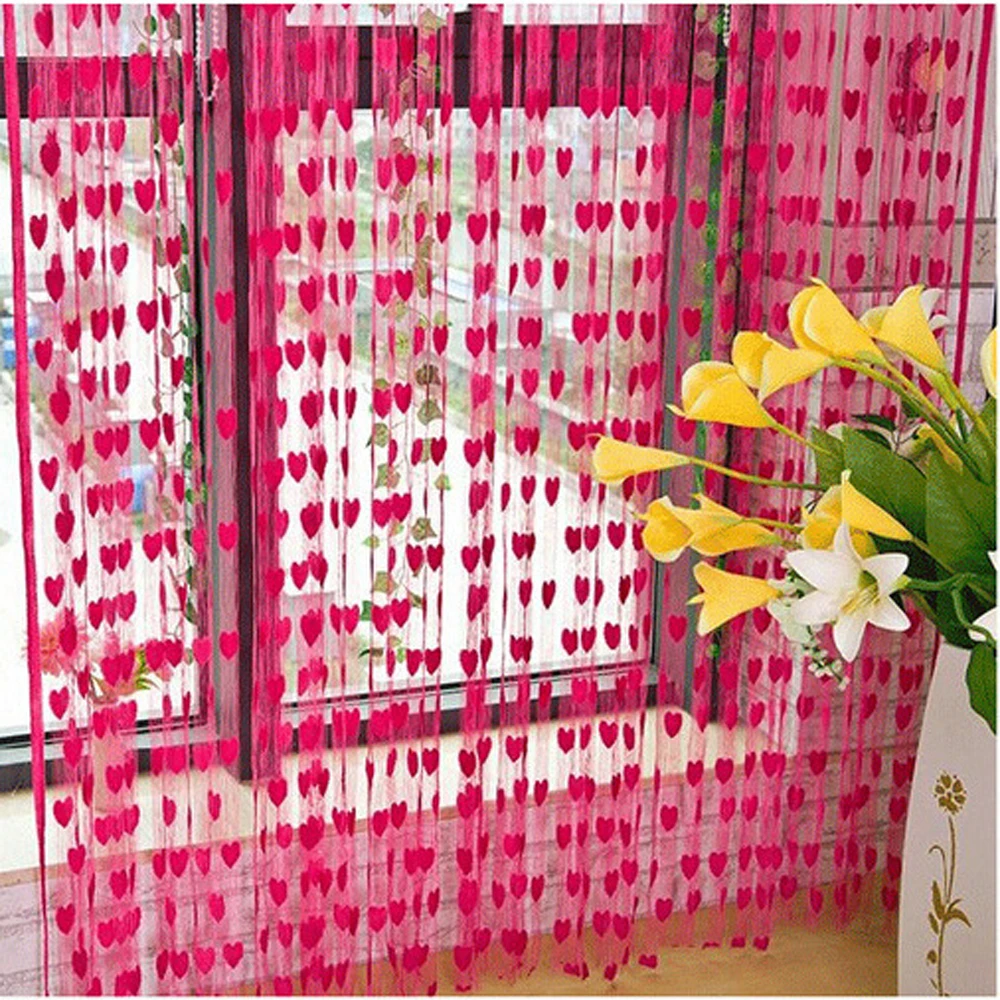 Sheer Curtain 100x200cm Voile White Red Heart String Curtains Bedroom Window Door Divider Wedding Decoration