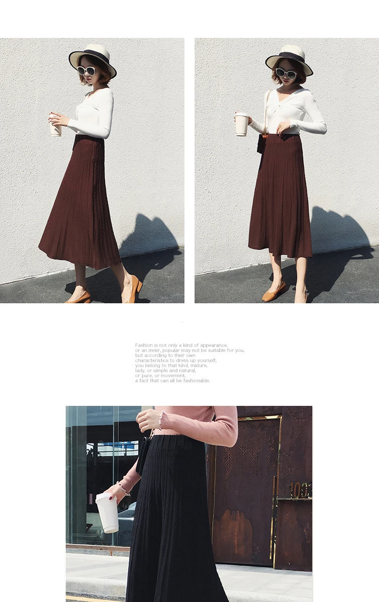 Длинная Плиссированная юбка миди для женщин, Осень-зима, корейская мода, высокая талия, трапециевидная витая трикотажная юбка, jupe femme