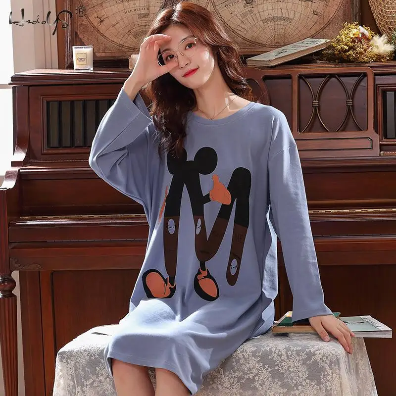 Осенние женские ночные рубашки большого размера, ночная рубашка, трикотажная Хлопковая пижама с длинными рукавами и рисунком из мультфильма, женская одежда для сна, Женское ночное платье - Цвет: Blue M