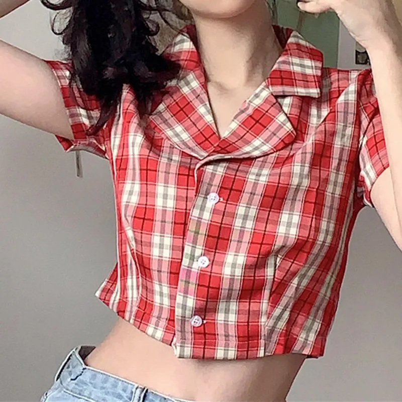 Fashion Blouse Women Navel Bare Short Shirt Plaid Casual Lapel V-neck Short Sleeve Button Up Blouses Lady 2021 Female Shirts Top 2