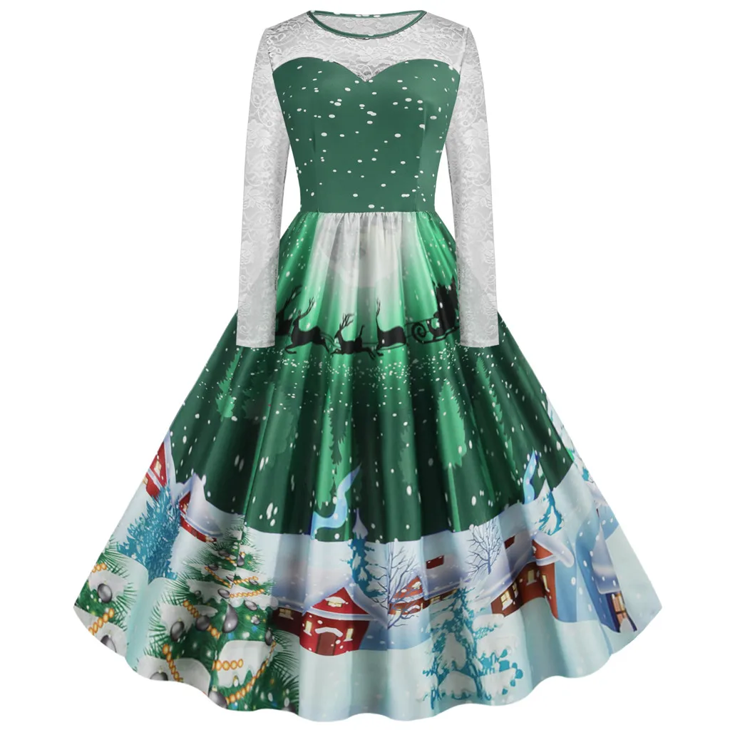 Vestidos ropa mujer, платье для вечеринки, винтажное рождественское платье, кружевные платья с принтом, женские вечерние платья с длинными рукавами