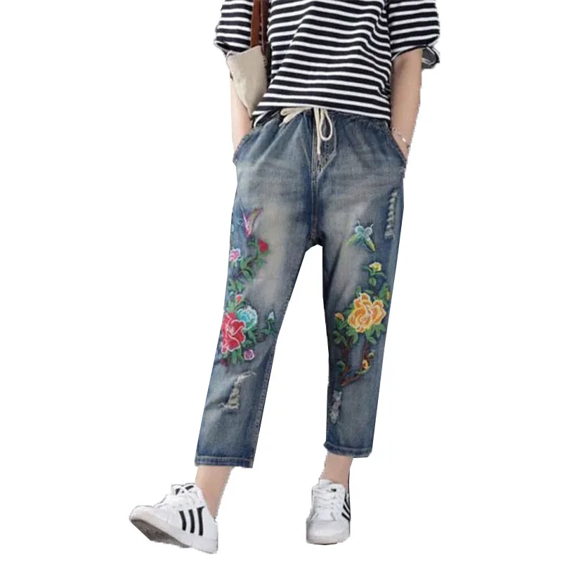 Jeans High Waist Women Retro Straight Trousers For Female Ankle Length Pants Elastic Waist Harem Pant Hole Embroidered Jeans new jeans high waist women retro straight trousers for female ankle length pants elastic waist harem pant hole embroidered jeans