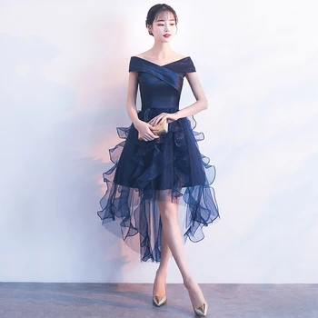 

Navy Blue V-Neck Women Short Long Party Dress Off Shoulder Wedding Evening Cheongsam Prom Sexy Slim Gown Qipao Vestido XS-XXL