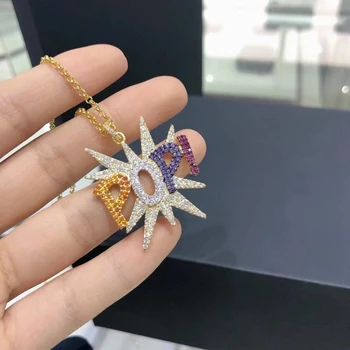 

Brand Yellow Gold Color Asymmetric Letters Pop Charm Necklace Adjustable Chain Multicolor Cubic Zirconia Women Fine Jewelry