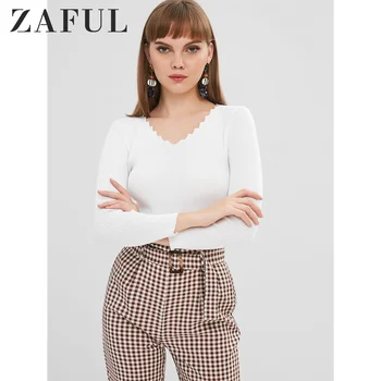 

ZAFUL Ribbed Wavy Cut Neck Sweater V-Neck Full Sleeve Solid Sweater Fashion Slim Casual Fitted Women for Autumn 2019