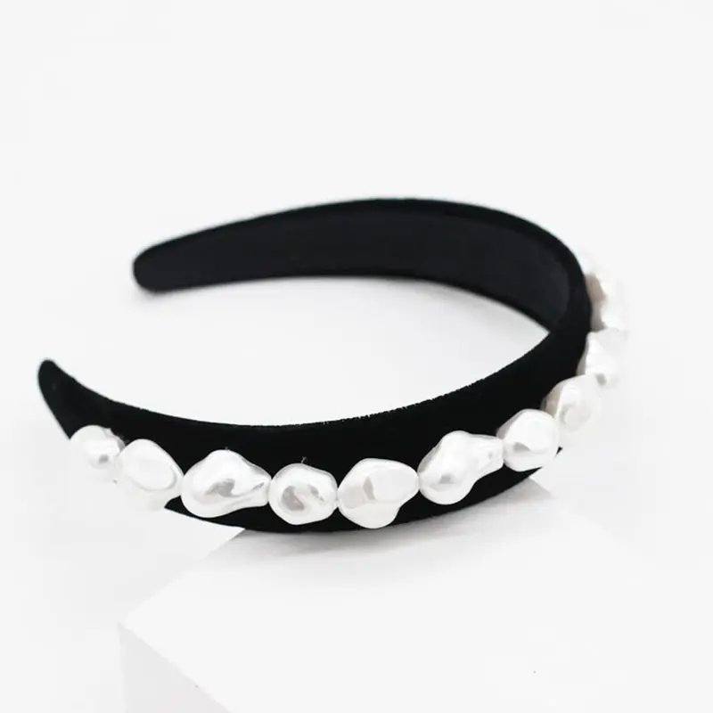 Retro Baroque Irregular Faux Pearl Embellished Headband Black Velvet Cloth Wrapped Wide Hair Hoop Jewelry Palace 2