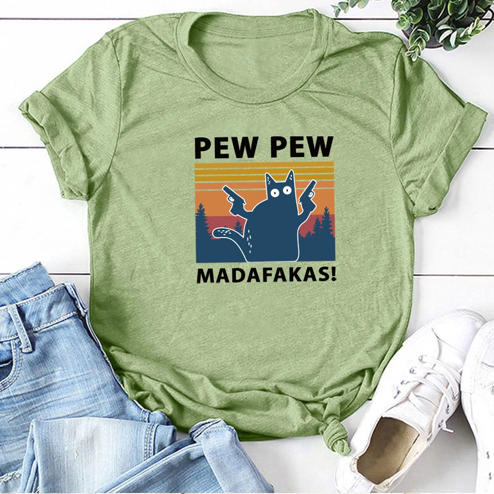 MoonWorks T-shirt Donna 'Pew Pew Madafakas' - Maglietta Divertente In Cotone, Gatto Con Pistole, Slim Fit