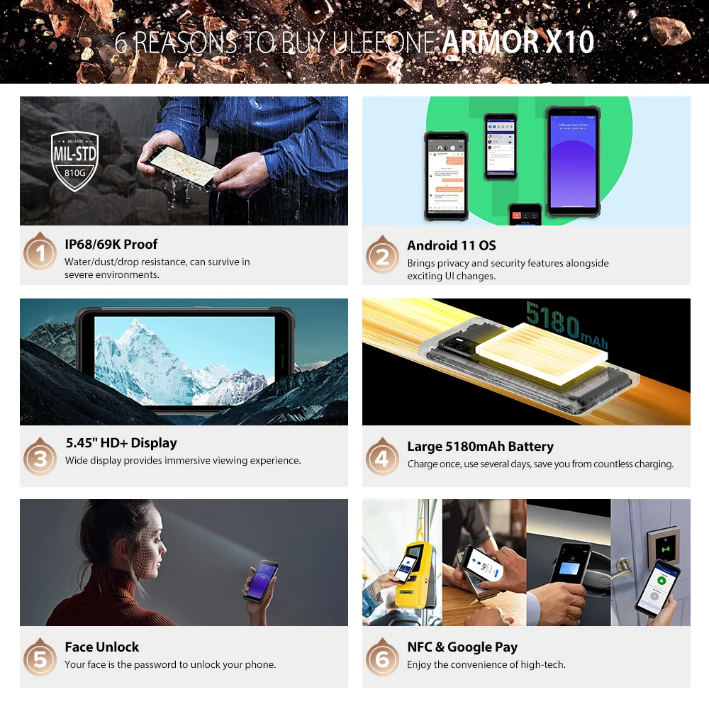 Ulefone Armor X10 Android 11NFC 13MP Smartphone 5.45“ Global Version Waterproof Rugged Phone 4GB +32GB 5180mAh telephone