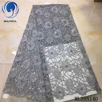 

Beautifical nigerian lace fabrics Latest Fashion tulle lace fabric with beads 5yards lace sequins fabric for women ML38N140