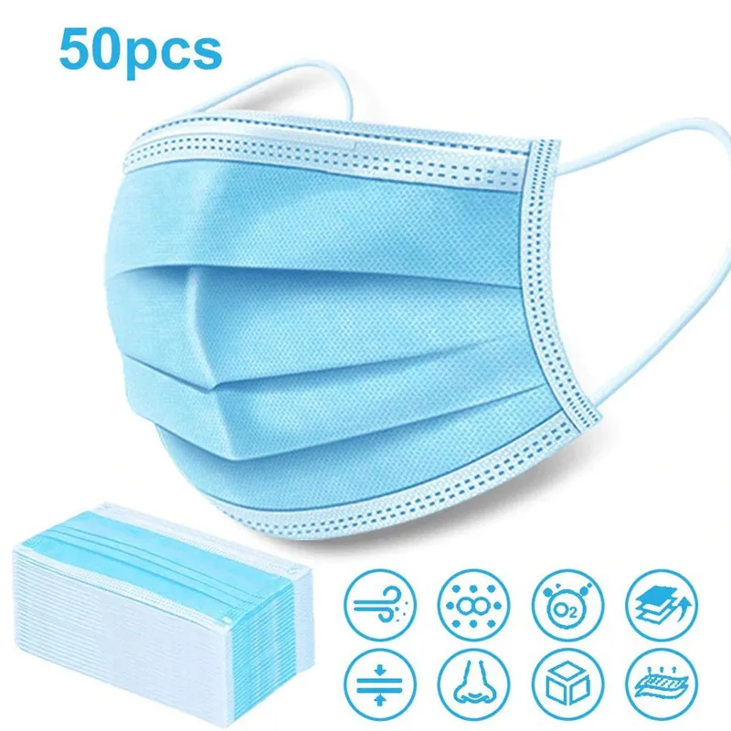 

50pcs Disposable Face Mask Profession Three Layer Protective Face Mouth Masks Prevent flu Safe Breathable Mouth Mask