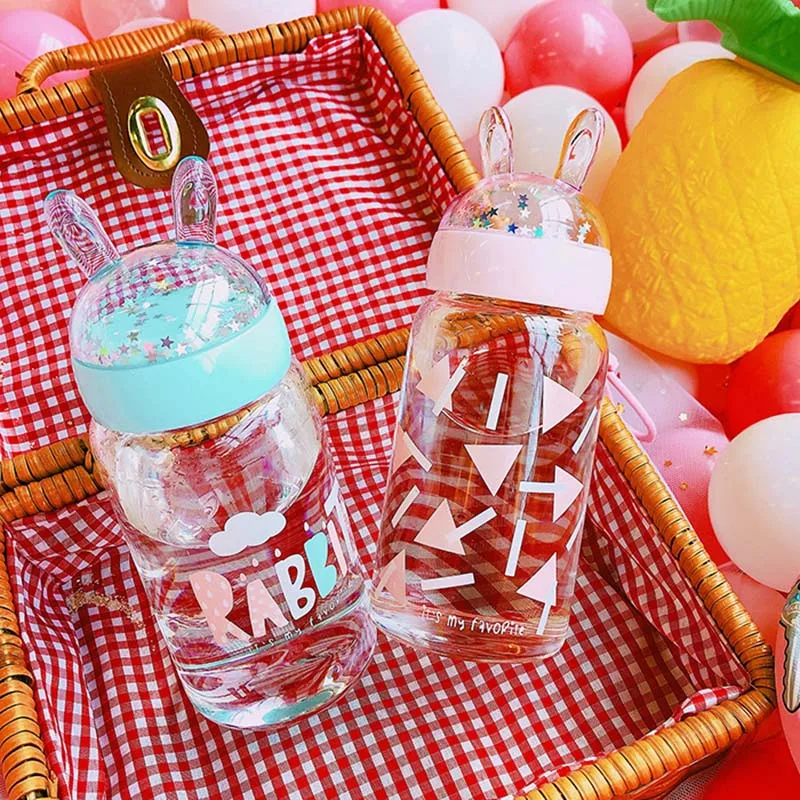 Модная Милая бутылка для воды для девочек, креативная стеклянная микро-кружка с кроличьими ушками, Kawaii, портативная герметичная чашка для воды