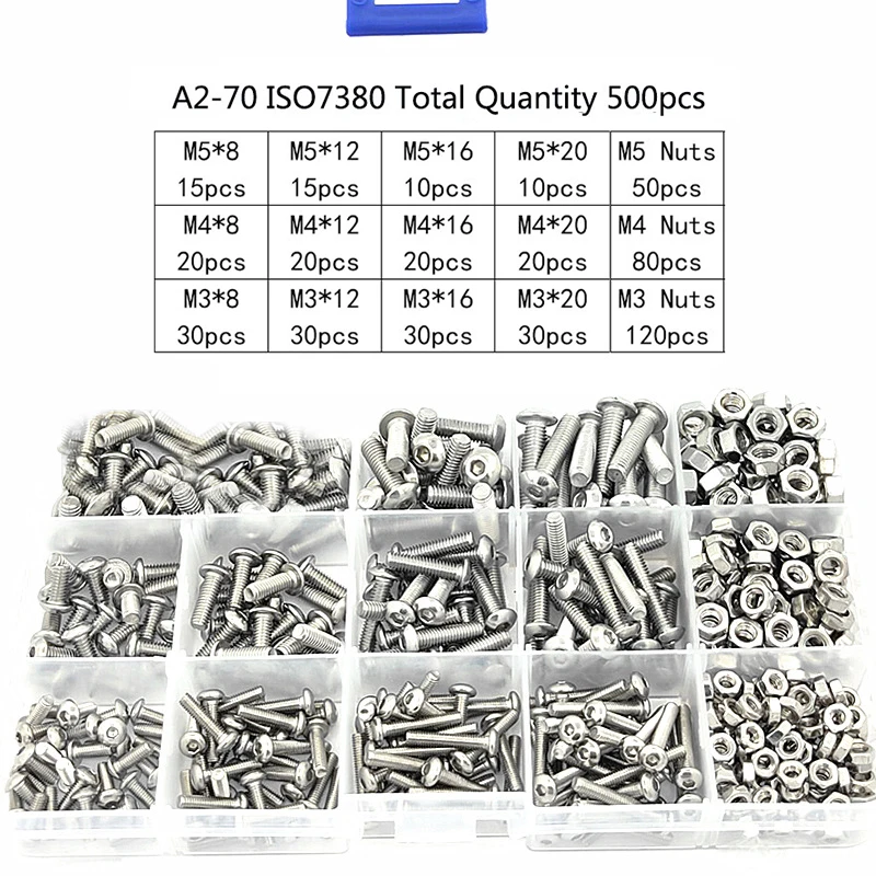 

500pcs/box Hexagonal Screws Kit with Box Quality 304 Stainless Steel Mounting Hardware Tools M2.5 M3 M4 M5 Socket Nut Screws