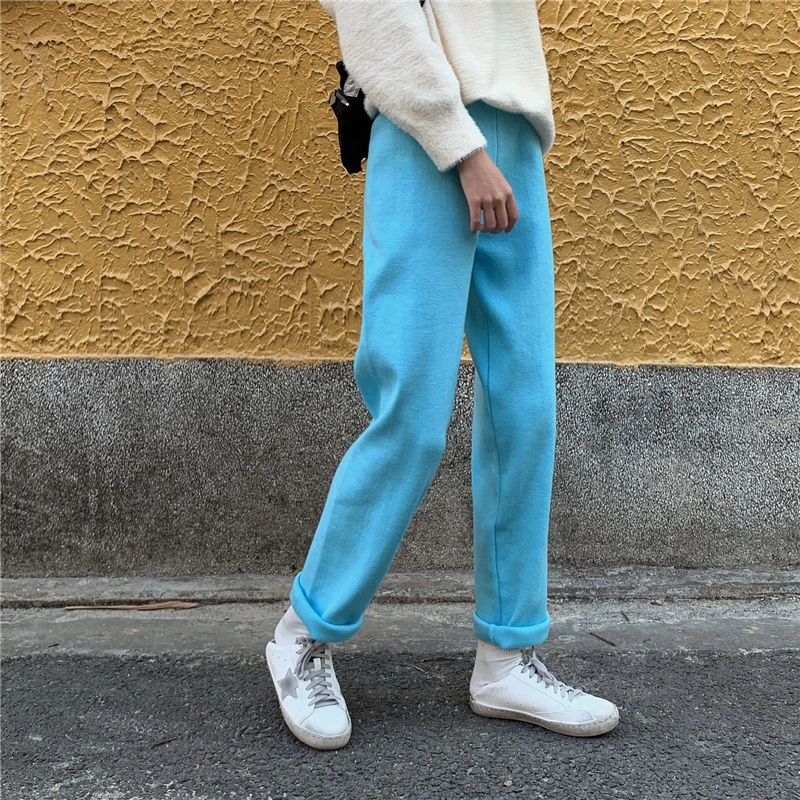 Женские весенние вязанные штаны Alien Kitty, свободные прямые штаны с широкими штанинами, повседневные штаны с эластичной резинкой на талии, 7 цветов