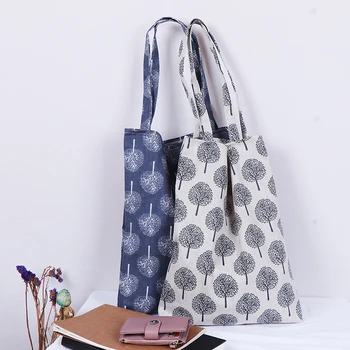 

1PCS Women Large Capacity Shoulder Bag Tree Printed Linen Shopping Bag Beach Handbag Casual Tote For Ladies