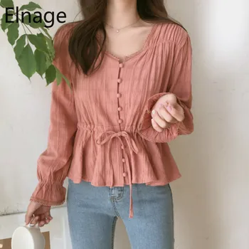 

Elnage Korean Fashion V Neck Lace Up Long Sleeve Blouse Shirts Solid Slim Waist Spring Tops Blusas Mujer De Moda Clothing 5A379