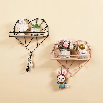 

Wall Storage Rack DIY Decoration Iron Ornament Holder Heart Hook Shaped Shelf Photo Grid Frame Hanging Basket Home Bracket
