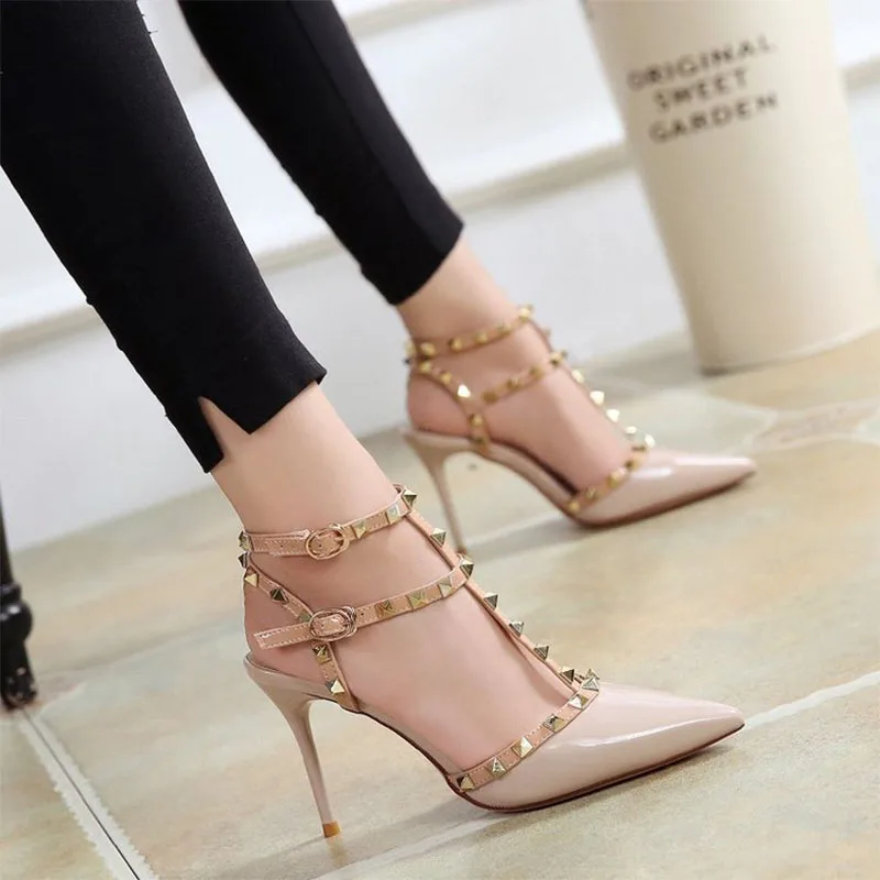 

Sexy Stiletto Nude Color Lace-up Women's Shoes Fashion European and American Rivet Pointed High Heels Thin Heels High