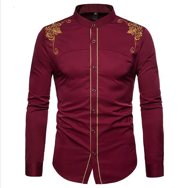 Wine red Новое поступление, летние мужские рубашки с вышивкой, мужская рубашка с длинным рукавом, Корейская Повседневная рубашка с отложным воротником, Camisa Masculina - Цвет: Wine red