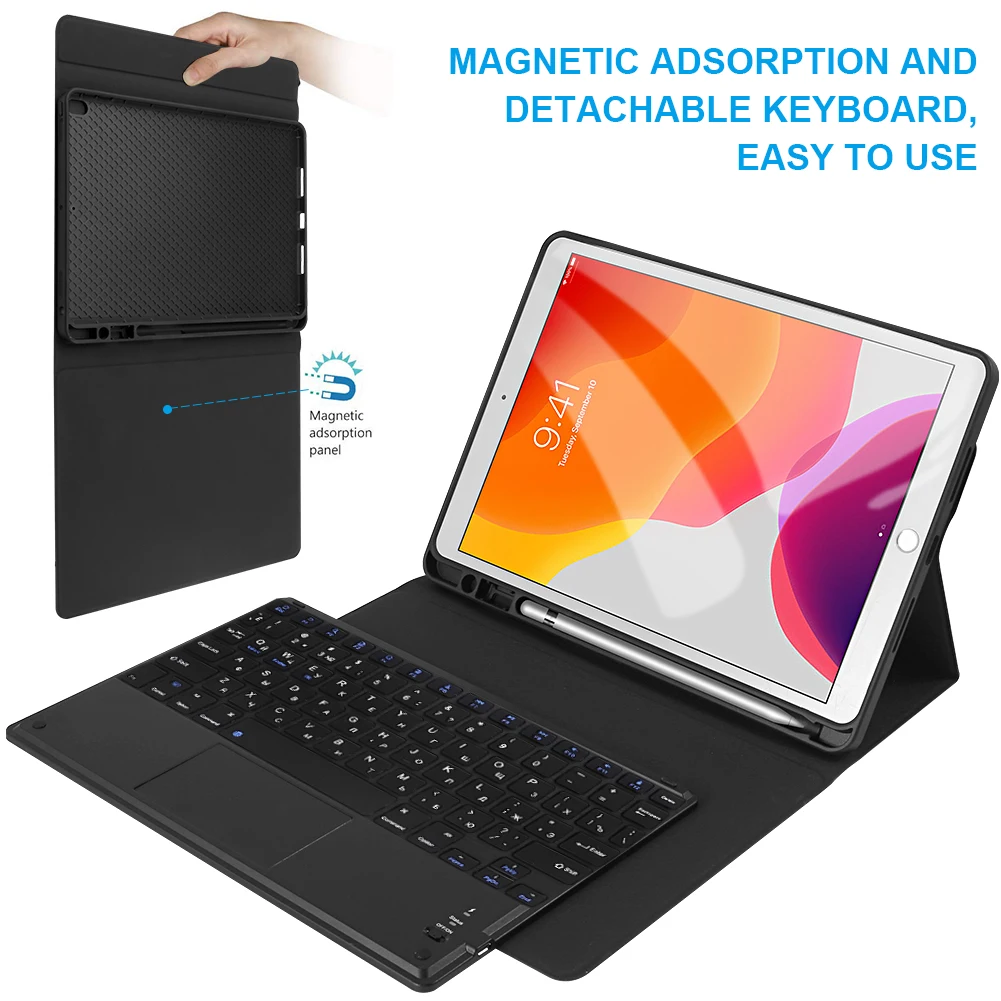 Russian Keyboard Case For iPad 10.2 2019 Case PU Leather Flip Stand Bluetooth Touchpad Keyboard Tab