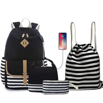 

4Pcs/set Striped Casual Large Capacity Women's &Men's USB Computer Bag Travel Backpack Insulated Lunch Bag