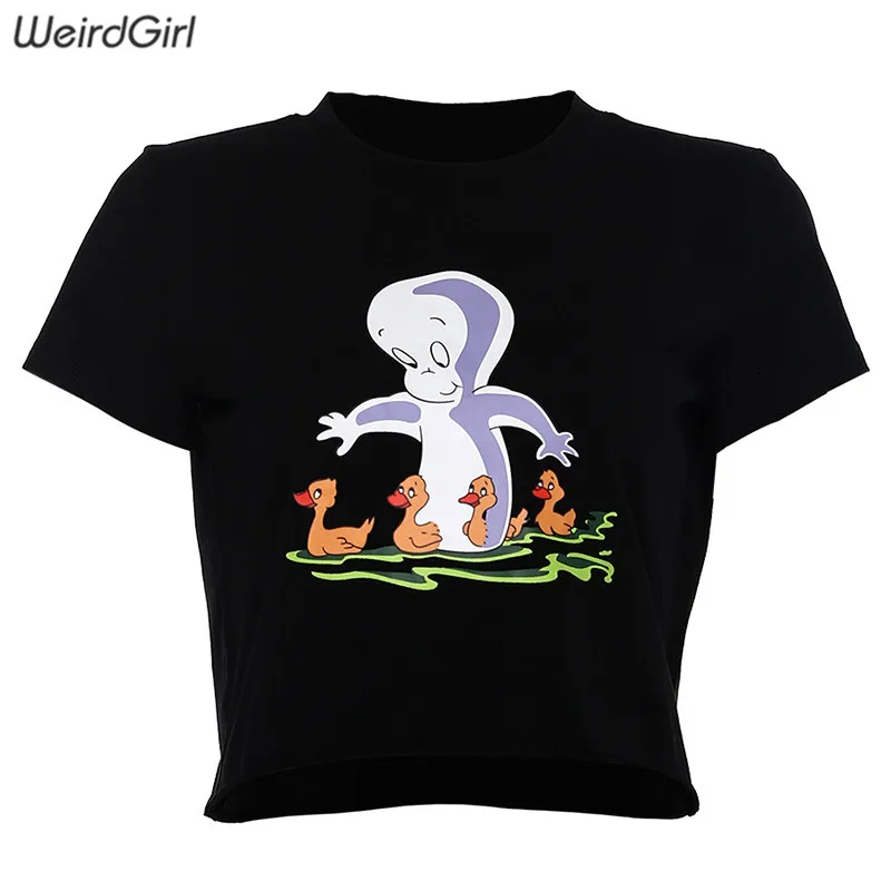 Weirdgirl женские хлопковые футболки с принтом, круглый вырез, короткий рукав, женский короткий топ, футболки, милая девушка, эластичная уличная одежда, на выход, Новинка лета - Цвет: Черный