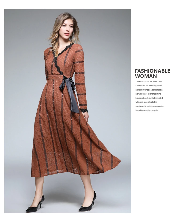 На осень с длинными рукавами макси Винтаж кружевное платье vestidos casuales Mujer Для женщин полосатые длинные вечерние платья платье для вечеринки K3276