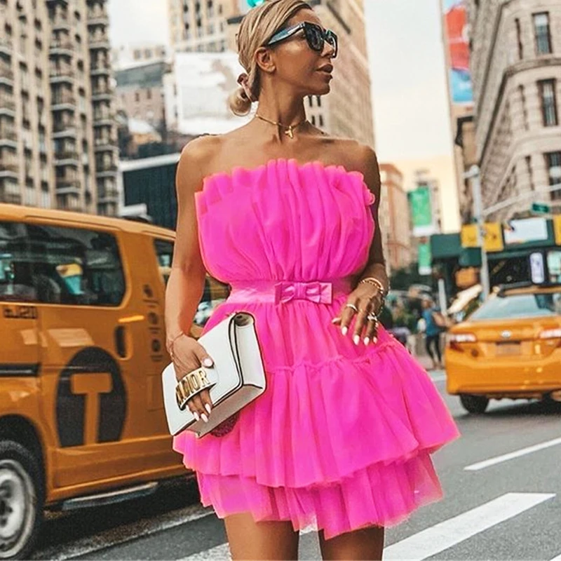 

NATTEMAID Mesh Strapless Lace Up Bandage Dress Fashion Ball Gown Club Party Dresses Women Summer Bow Sexy Dresses Vestidos 2019