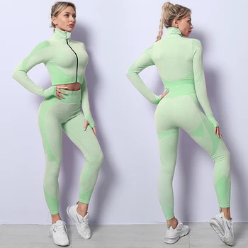2 3PCS Seamless Women Yoga Set Workout Sportswear Gym Clothing Fitness Long Sleeve Crop Top