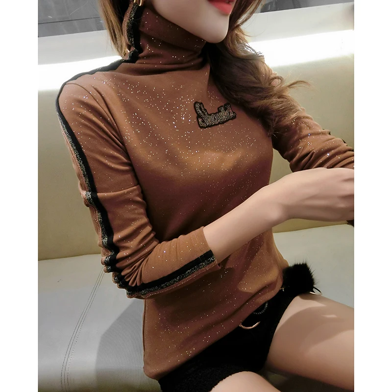 Caramel no fleece Модная блестящая Европейская водолазка с надписью, пуловер, женская футболка, новинка, Осень-зима, с флисом, слимтопы, одежда, Camiseta Mujer, джемпер T99802 - Цвет: Caramel no fleece