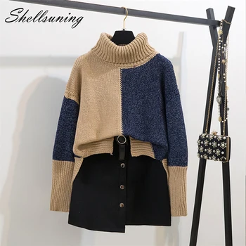 

Shellsuning Loose Sweater Women Patchwork Turtleneck Basic Thick Pullover Female Knitted Warm Soft Autumn Winter Ladies Clothes