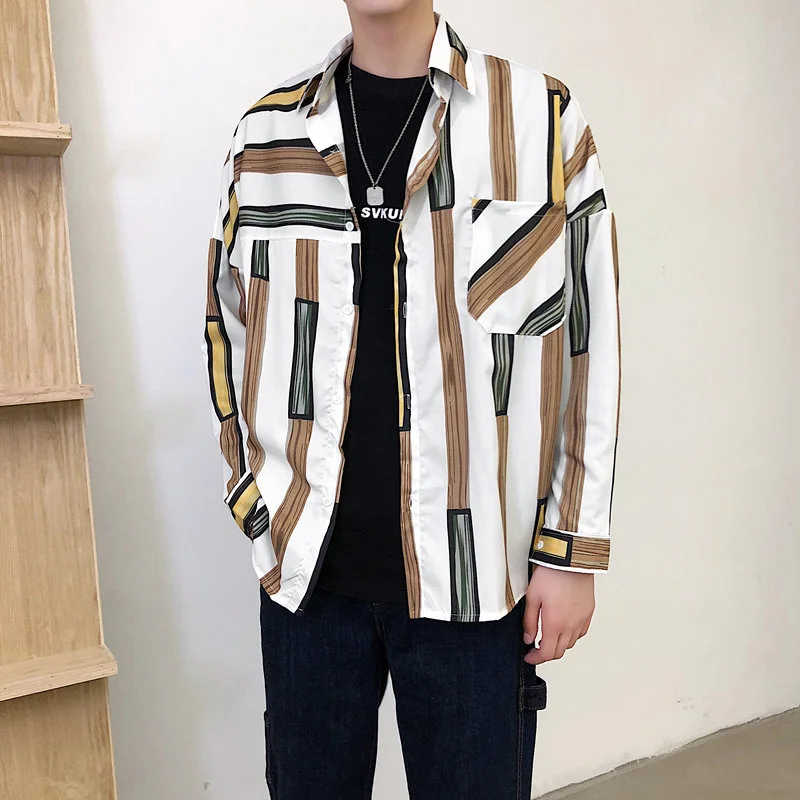 

Shirts Men Loose Plus Size Fashion Striped Long-Sleeve Blouse Korean Style Shirt Mens Pocket Hipster Clothes Aesthetic Clothing