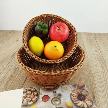 

Round Rattan Basket Fruit Storage Basket Candy Snack Organizer Creative Storage Container Picnic Bread Bowl Rattan Tray