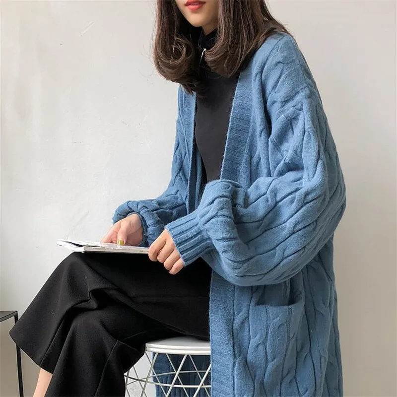 

2019 sweater female long section new solid color long-sleeved lantern sleeves thick knit autumn and winter cardigan