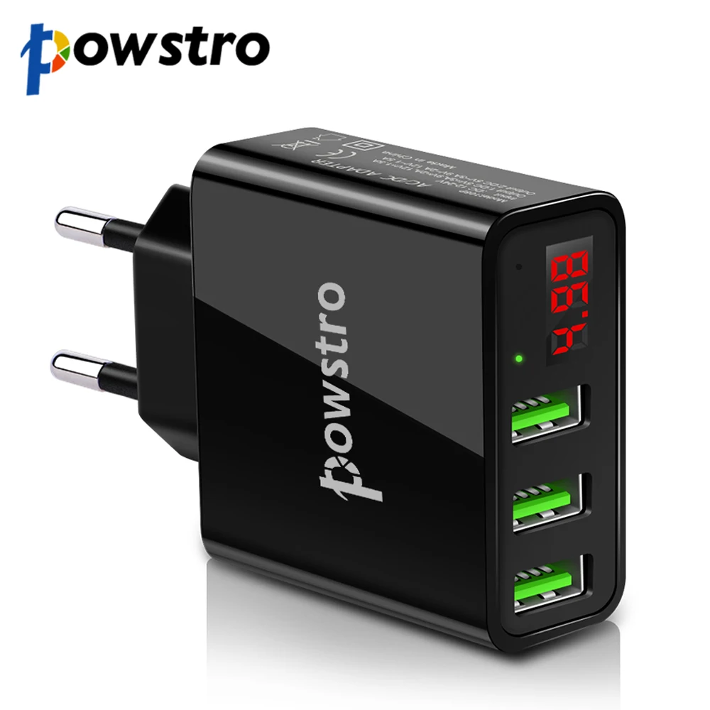 Powstro 5V 3A с 3 портами(стандарт путешествия Зарядное устройство EU Plug ЖК-дисплей интеллигентая(ый) цифровой Дисплей универсальный сетевой адаптер Напряжение ток для сотового телефона