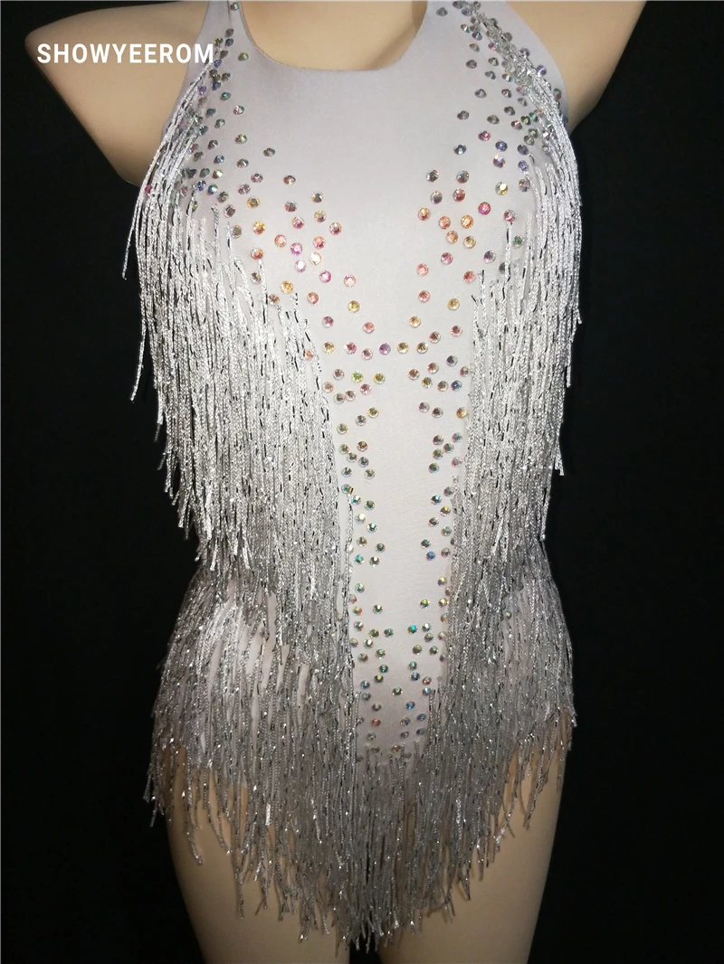 white Sparkly Rhinestones Tassel Leotard Nightclub Dance DS Show Stage Wear Stretch Bodysuit Party Female Singer Outfit