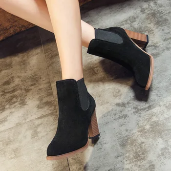 

Fashion PU Square Heel Fall Ankle Boots Women Super High Casual Elastic Band Boots Round Toe Solid Platform PU Shoes Plus Size
