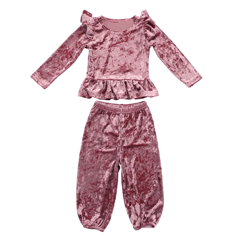 Kaiya angel/Новинка, комплект бархатной одежды для девочек, топ с оборками и рукавами-одиночками+ однотонные штаны для маленьких девочек, для свадебной вечеринки, осень зима наряд - Цвет: KY-TZ-1134-2