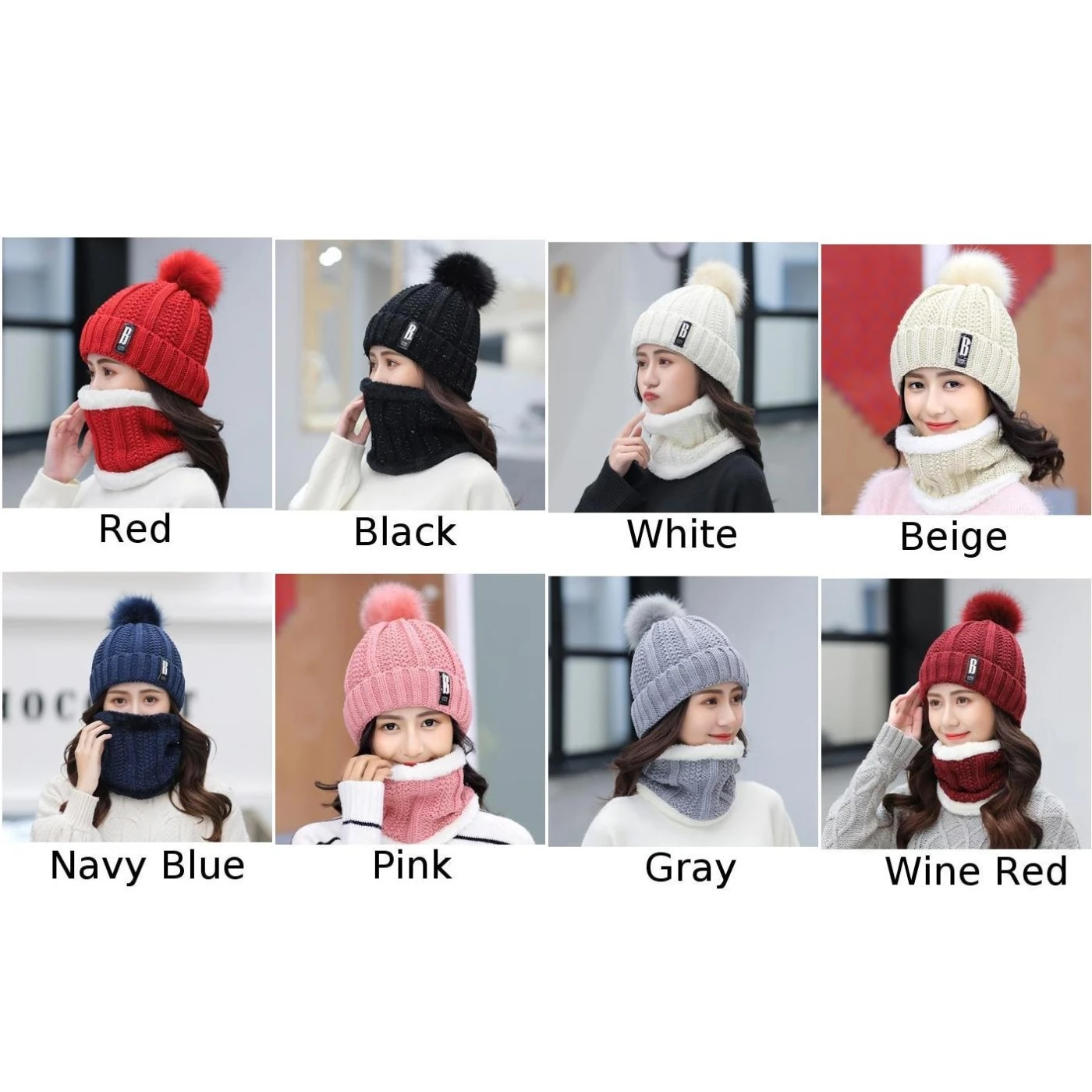 Intimate Design Women Winter Beanie PomPom Hat Thick Warm Soft Neck Warmer Knit Balaclava Soft Fabric Not Easy To Pilling
