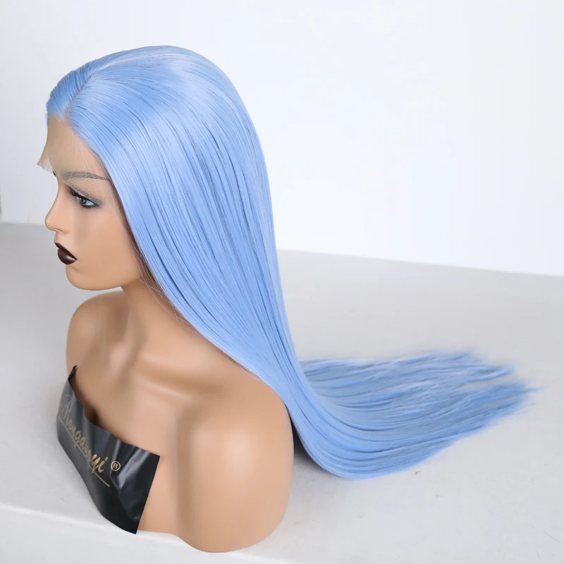 RONGDUOYI светильник, синие длинные шелковистые прямые волосы, синтетические волосы на кружеве, парик из термостойкого волокна, боковая часть, парики без клея для женщин