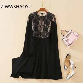 

ZIWWSHAOYU Autumn Female Vintage Mini Loose Dresses Fashion Designer Women Black Batwing Sleeve Lace Cloak Dress Vestidos