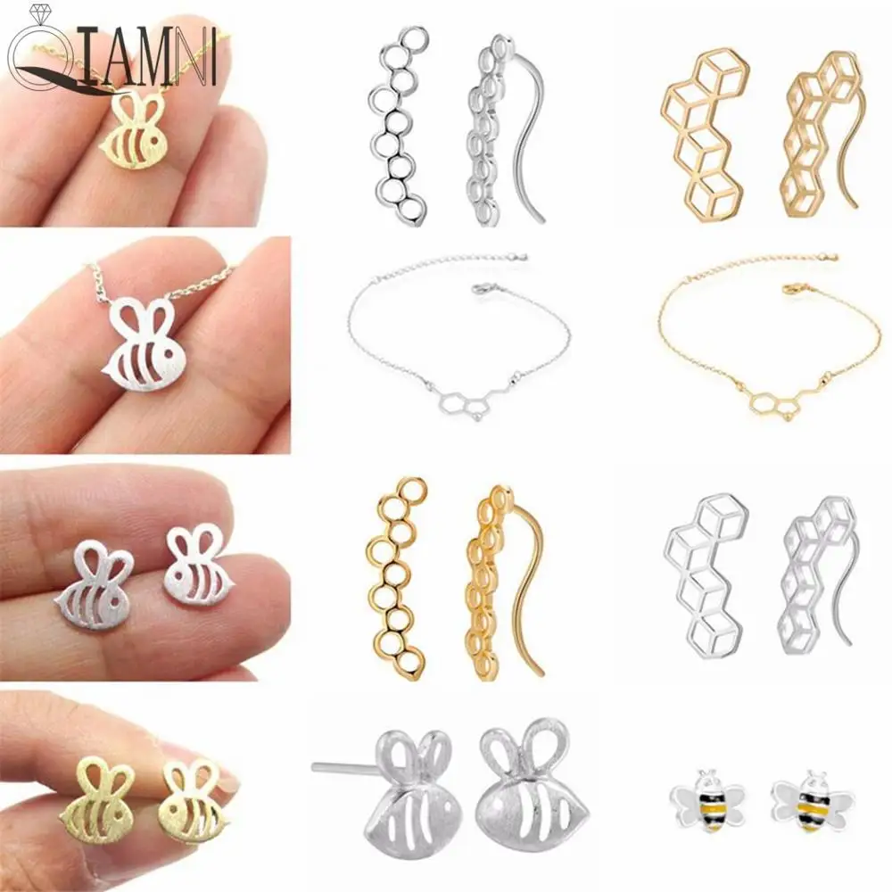 

QIAMNI Unique Lovely Honeycomb Hive Bee Honeybee Beehive Necklace Ring Earring Jewelry Set Fashion Birthday Gift for Kids Women