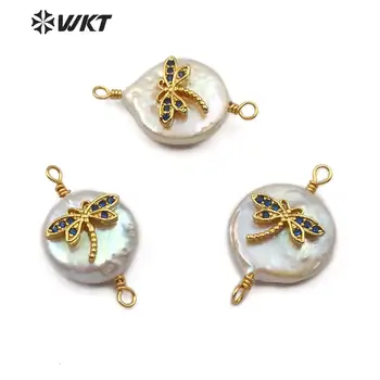

WT-MC276 Natural Freshwater Pearl Connector Dragonfly Shape Cubic Zirconia Pave Natural Pearl Charm Connector For Jewel Making