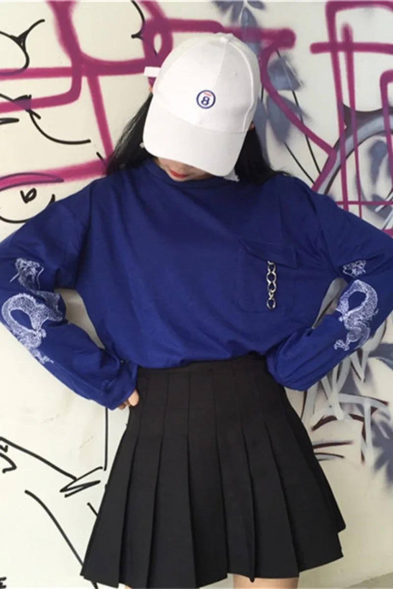 Moda feminina, женская одежда, футболки, вышивка, карманы, одноцветные, круглый вырез, винтажный стиль, весна-осень, Harajuku, футболки с длинным рукавом