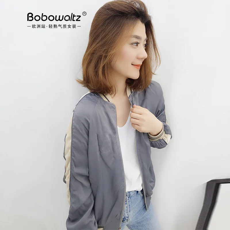 

BOBOWALTZ WOMEN'S Coat Women's 2019 New Style Spring Clothing Stand Collar Loose-Fit Long Sleeve Spring Vintage Baseball Jacket