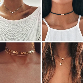 

Fresh Style Clavicle Chain Hearts Moon Triangles Bird Cross Necklaces & Pendants for Women Multi Layer Jewelry Accessories